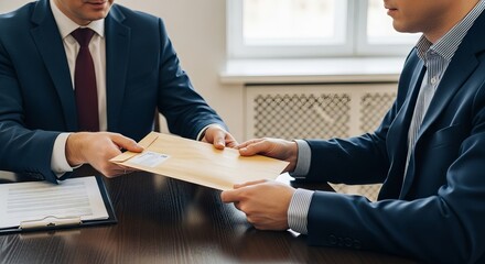 Two businessmen formally exchange a confidential envelope across a polished wooden table in office.