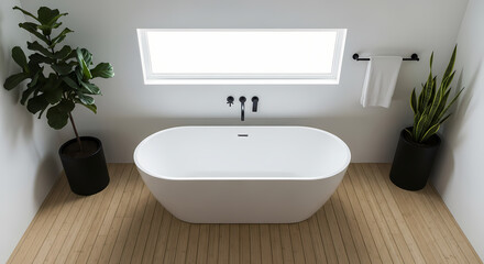 Fototapeta premium Minimalist zen-style bathroom with freestanding tub and soft light