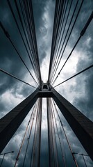 A bridge tower and cables reach towards a stormy, dramatic, dark cloudy sky