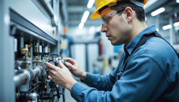 Mechanical engineer in hard hat, safety glasses adjusts pneumatic system on industrial machine. Focus on tools, intricate components, workflow in bright factory setting. Represents technology,