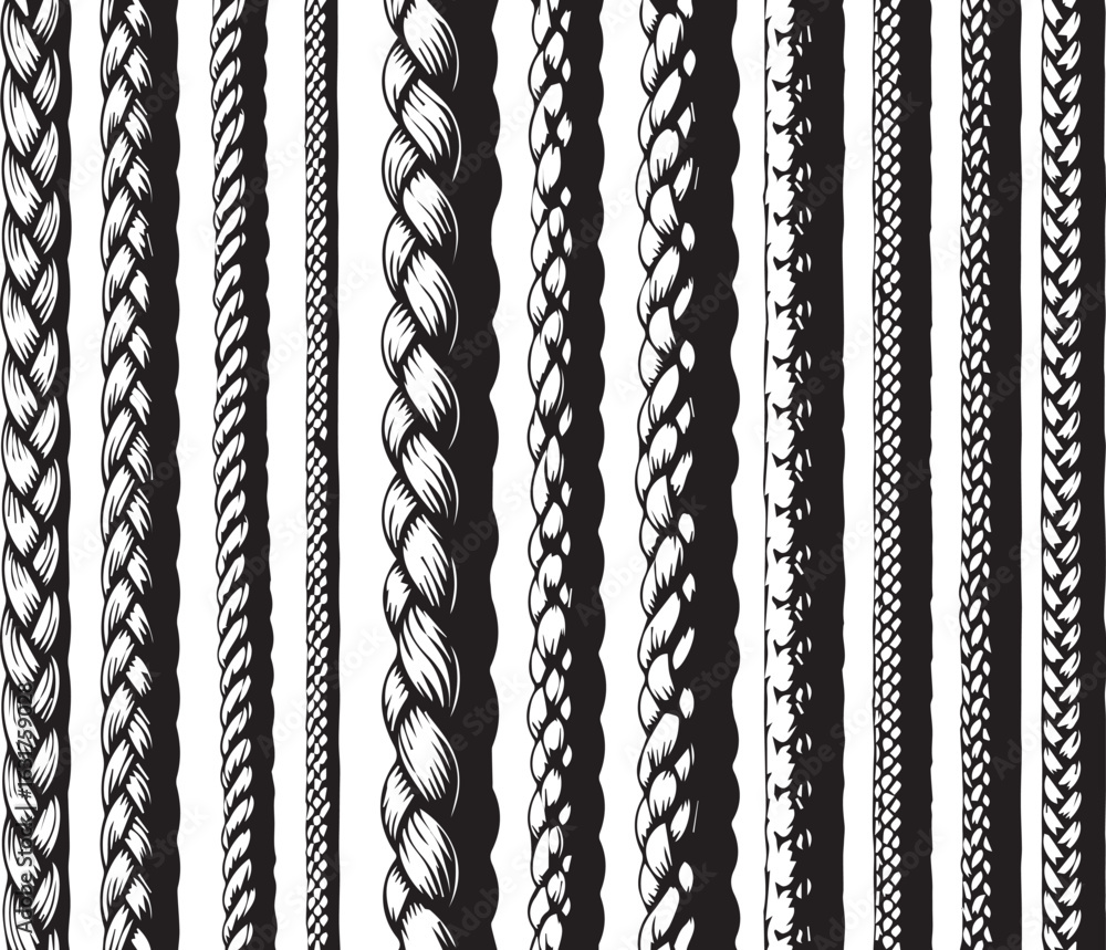 Poster close up view of various braided ropes and cords in a vertical pattern