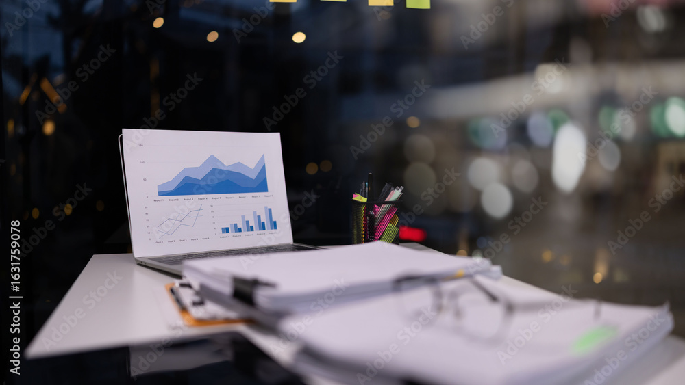 Poster laptop with analysis charts data science for work online.
