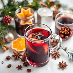 Tasty mulled wine with spices and Christmas decor isolated on white