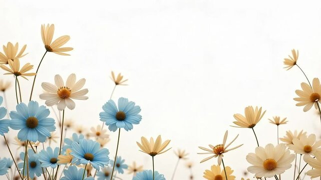 Minimalist background with blooming blue and yellow daisy flowers on white