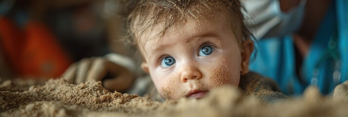 Baby plays in sand with curious expression during sunny day at the beach