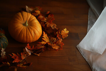 Harvest Pumpkin and Autumn Leaves on Wooden Floor with Natural Light