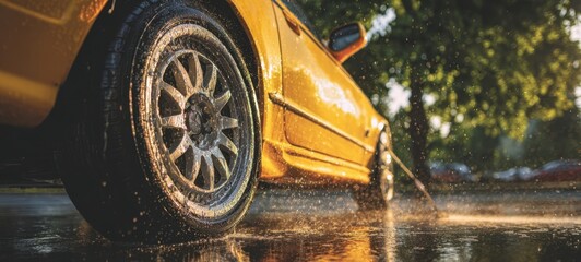 The vibrant yellow car shining after a thorough wash under the sunlight