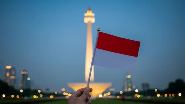Hand holding Indonesian flag against the iconic National Monument (Monas) in Jakarta at twilight, symbolizing national pride.