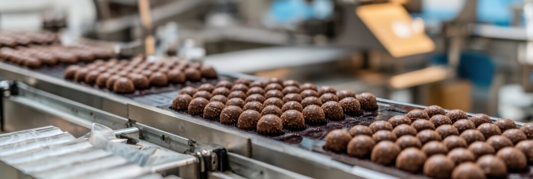 Chocolate truffles being produced on an assembly line in a factory during daylight hours