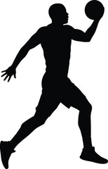 Silhouette of basketball player jumping with ball in hand, sports action vector design, isolated dynamic athlete pose, cad drawing flat vector illustration