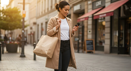 A smiling woman walks down a sunny city street, looking at her smartphone and carrying a shopping bag.