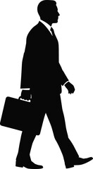 Silhouette of businessman walking with briefcase in hand, wearing formal suit, side view vector illustration, black outline design, cad drawing flat vector illustration