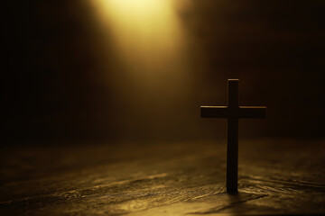 Illuminated Wooden Cross in Dark Room Symbolizing Faith and Spirituality
