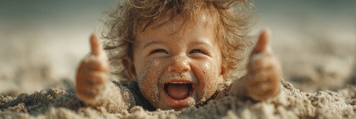 Joyful baby playing in sand on a sunny beach with smiles and laughter