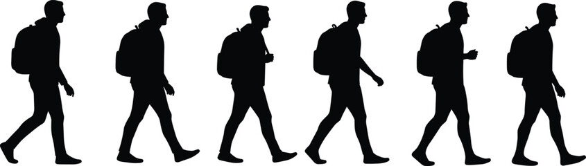 Silhouette of young man walking with backpack in sequence, casual walking pose set, black figures isolated, cad drawing flat vector illustration