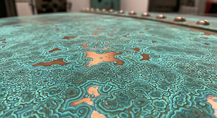 Intricate patterns on a weathered metal surface from a close-up view