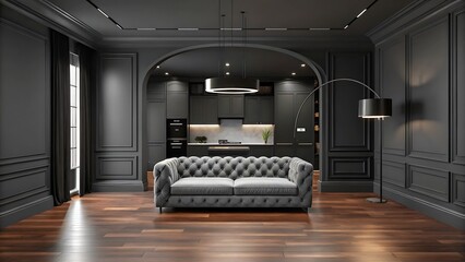 Modern gray living room design with chesterfield sofa and open kitchen interior for home decor ideas