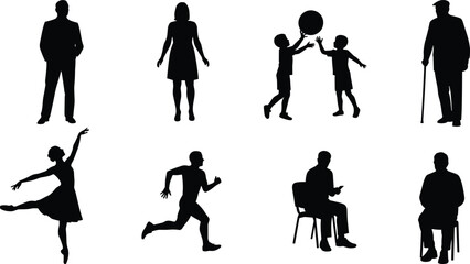 Silhouettes of diverse people in various activities, including business, dance, sports, elderly, and children playing, flat vector illustration, diverse human figures, lifestyle, movement