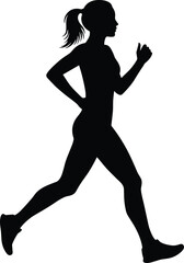 Silhouette of woman running, female jogger in motion, athletic woman, fitness, exercise, healthy lifestyle, active woman, sports, outdoor activity, energy, vector flat design illustration