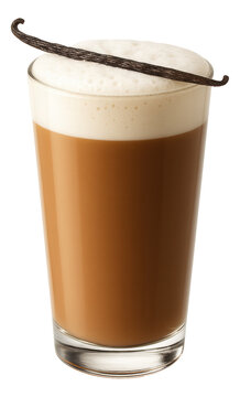 Tall latte glass of vanilla cocoa with a frothy milk layer and a vanilla bean garnish