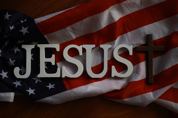 Patriotic Faith: Jesus and Cross on American Flag Background