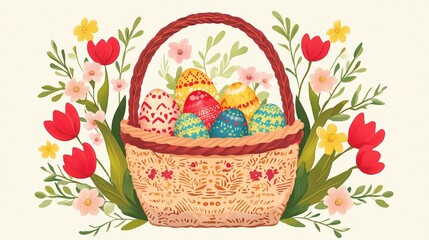 A beautifully decorated basket filled with vibrant Easter eggs surrounded by colorful flowers, Ideal for springtime promotions, holiday greeting cards, or seasonal decorations,