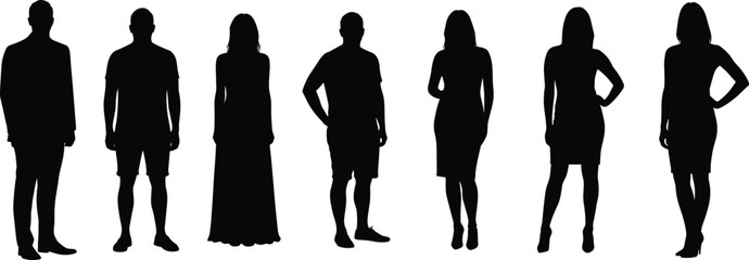 Silhouettes of diverse men and women standing in various poses, casual and formal outfits, black vector figures on white background, fashion and people illustration
