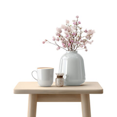 Realistic table with coffee mug and vase, isolated on the transparent background