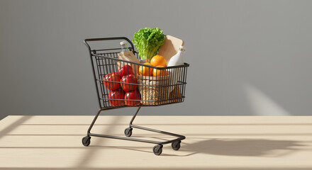 A miniature shopping cart filled with fresh red tomatoes, green lettuce, and orange citrus fruits sits on a light wooden table, casting long shadows.