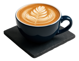 Flat white with a bold leaf pattern in a dark blue ceramic cup on a slate tray.