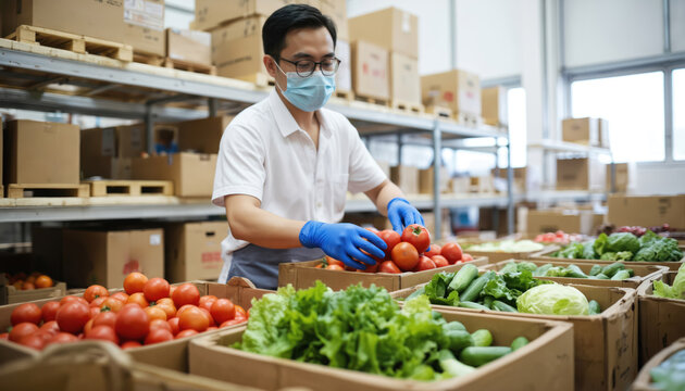 Male worker with mask, gloves sorts fresh produce in warehouse. Focus on hygiene, safety in food handling, distribution. Organized shelves stocked with boxes, crates of vegetables like tomatoes, - Powered by Adobe