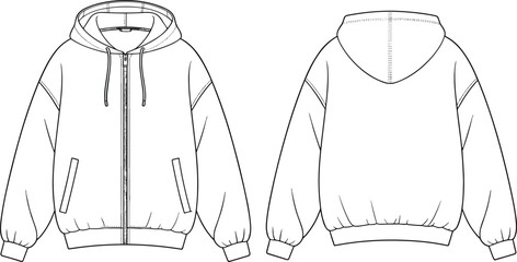 Zip-up hoodie flat sketch front and back view, vector fashion CAD drawing, hooded sweatshirt with pockets, casual outerwear template
