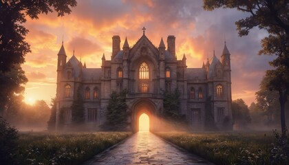 Majestic gothic castle illuminated by golden sunset. Stone towers, arched entrance, intricate facade. Misty meadow path leads to glowing portal. European medieval architecture, historical landmark,