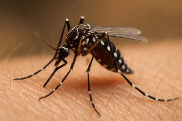 Fototapeta premium Macro image of an Aedes mosquito biting human skin, showing high detail of vector responsible for transmitting Chikungunya virus and other mosquito-borne tropical diseases 