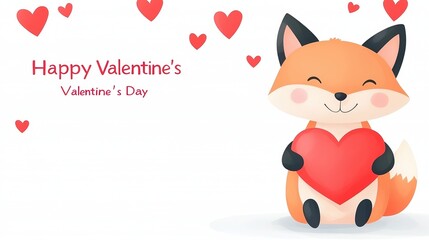 A cute cartoon fox holding a heart surrounded by floating hearts, perfect for Valentine's Day celebrations and designs, Use it in greeting cards, social media posts, or festive decorations,