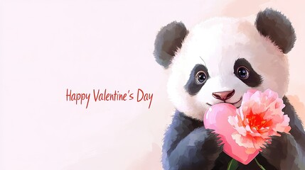 A cute panda holding a heart and a flower, set against a soft pink background with Happy Valentine's Day text, perfect for greetings, social media posts