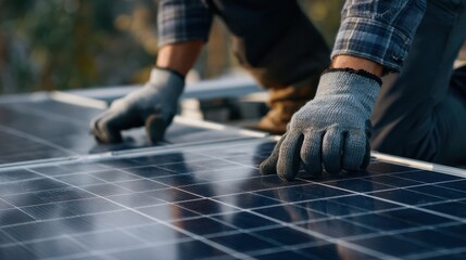Fototapeta premium A worker wearing gloves carefully adjusts solar panels on a rooftop. The clear sky and bright sunlight enhance the setting, symbolizing the transition to renewable energy sources