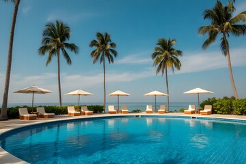Obraz premium Tropical Paradise: A serene view of a luxurious pool, complete with comfortable chairs, umbrellas, and the presence of palm trees.