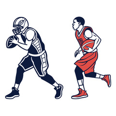 American football and basketball players running isolated on white background