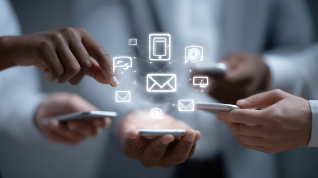 Multiple hands hold smartphones while interacting with virtual icons representing communication tools. The setting showcases a modern office atmosphere during a teamwork session