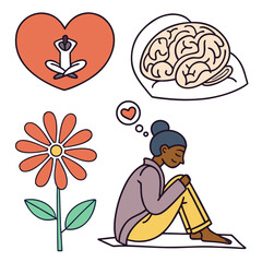 Woman meditating with heart, brain, flower and love isolated on white background