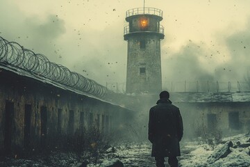 Lonely inmate standing outside a dilapidated GULAG barrack under gray skies