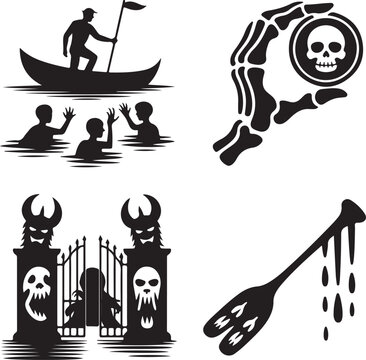 Underworld, mythology, icon, set, greek, myth, silhouette, vector, black, isolated, illustration, design, death, river, styx, charon