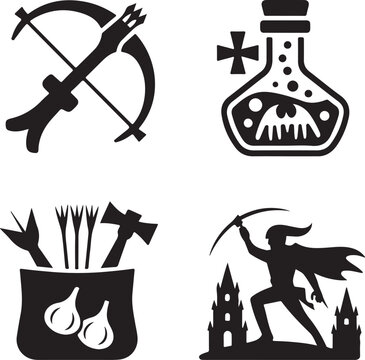 Vampire, hunter, icon, set, monster, slayer, silhouette, vector, black, isolated, illustration, design, horror, weapon, fantasy, medieval