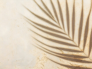 ベージュの砂壁 背景 斜めのパーム影と自然光のコピースペース、ウェブヘッダーやランディングヒーロー用