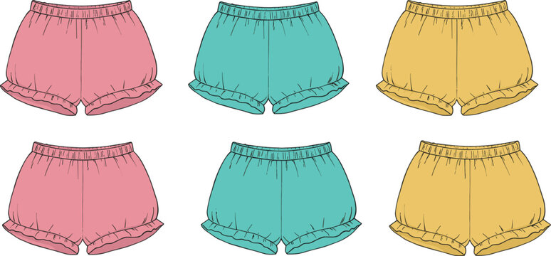Trendy women’s ruffle shorts in pink, teal, yellow color set, CAD fashion flat vector illustration, stylish summer clothing, front back technical drawing