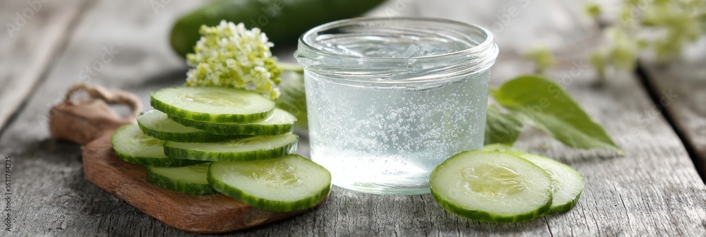 Poster refreshing cucumber slices with natural gel on a wooden table in a rustic kitchen setting