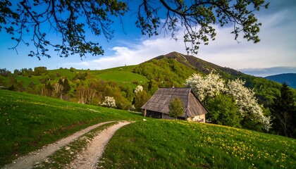 Mountain cabin in springtime meadow