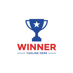 Blue trophy with a white star on top and the word winner in red letters below isolated on white background