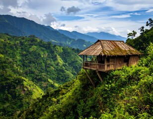 Mountain cabin nestled in lush valley